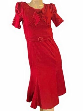 Vintage style Red Tie-Neck Belted Midi Dress